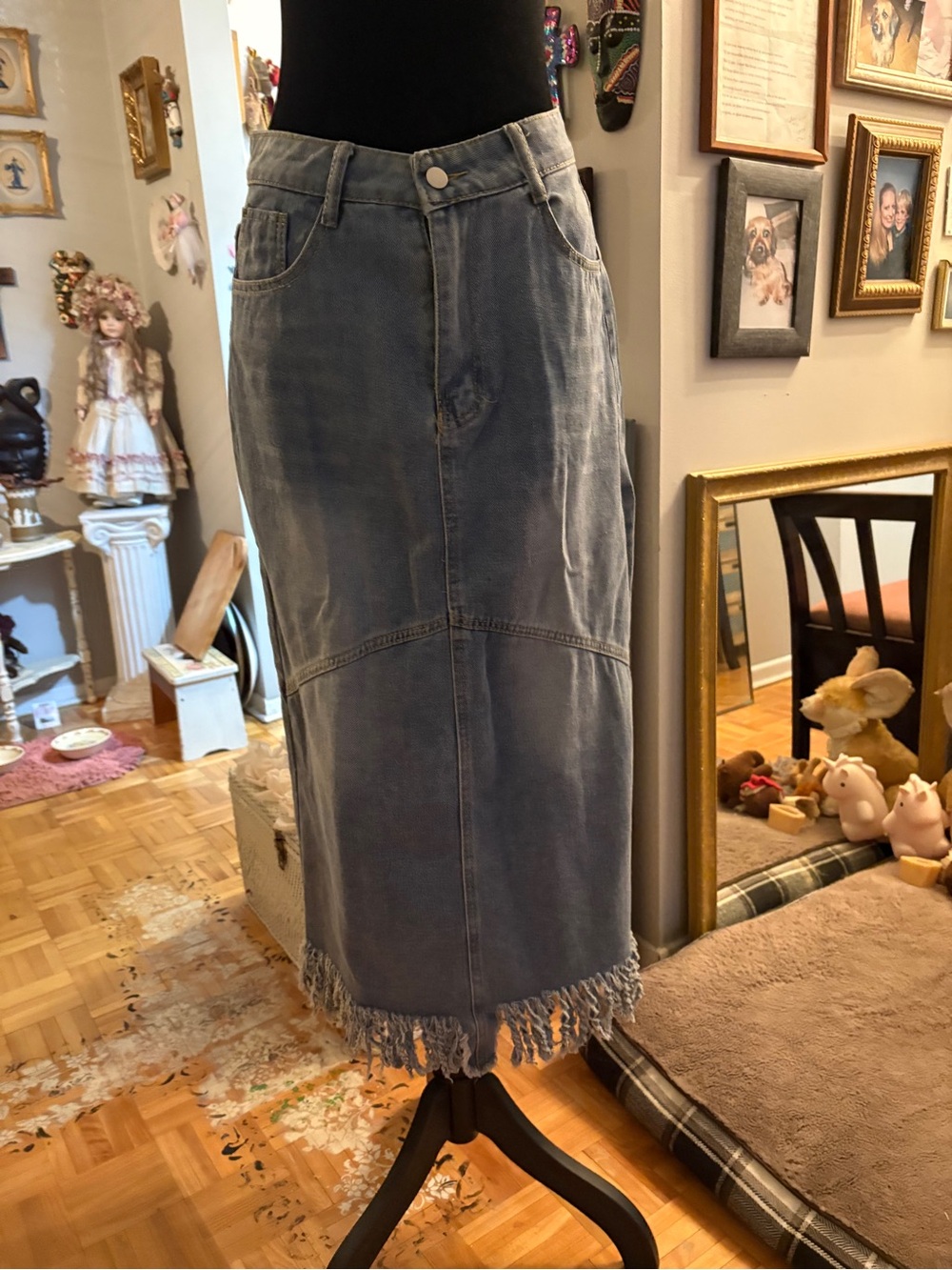 Women’s Fringe-Hem Denim Midi Skirt - Blue